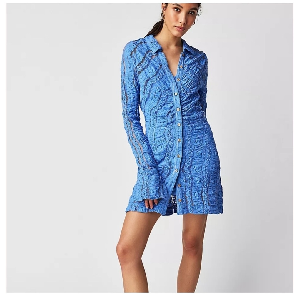 Free People Shayla Lace Slip Mini Dress Long Sleeve Denim Gray Size XS NWT Boho